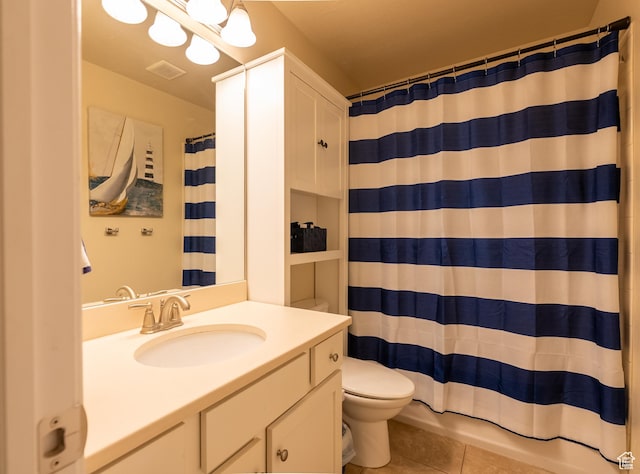 160 S 2775 W, West Point, UT 84015 - bathroom with tile patterned flooring, visible vents, toilet, a shower with curtain, and vanity