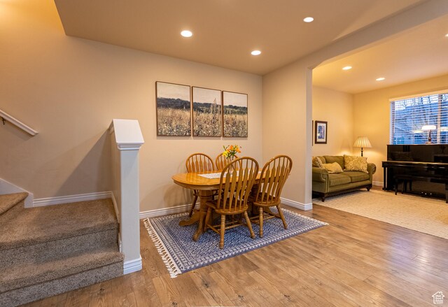 160 S 2775 W, West Point, UT 84015 - dining area with recessed lighting, stairs, baseboards, and hardwood / wood-style flooring