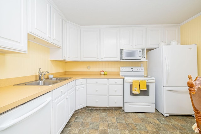 2536 N 575 E, North Ogden, UT 84414 - kitchen featuring white appliances, stone finish floors, a sink, white cabinetry, and light countertops