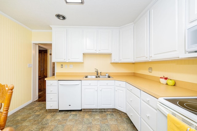 2536 N 575 E, North Ogden, UT 84414 - kitchen featuring white dishwasher, a sink, baseboards, stone finish floors, and ornamental molding