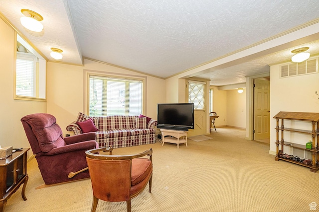 2536 N 575 E, North Ogden, UT 84414 - living area featuring a textured ceiling, light carpet, lofted ceiling, and baseboards