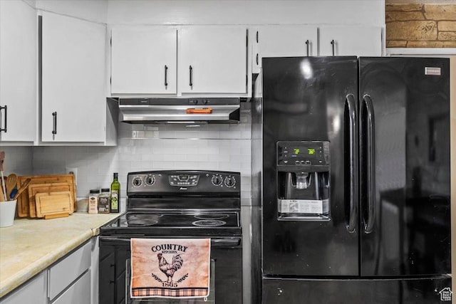 kitchen with decorative backsplash, white cabinets, light countertops, under cabinet range hood, and black appliances