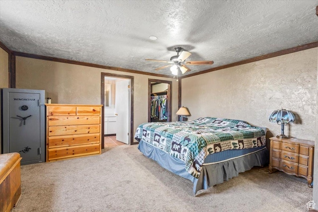 bedroom with a textured wall, crown molding, and a textured ceiling