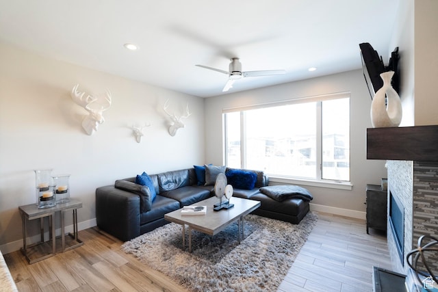 6394 E 850 S, Huntsville, UT 84317 - living room featuring light wood-type flooring, baseboards, ceiling fan, recessed lighting, and a fireplace