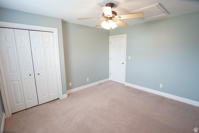 1046 E 1100 S, Spanish Fork, UT 84660 - unfurnished bedroom with light colored carpet, baseboards, a closet, attic access, and ceiling fan