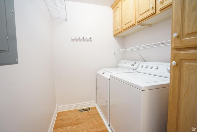 1046 E 1100 S, Spanish Fork, UT 84660 - laundry area with washing machine and dryer, light wood finished floors, cabinet space, baseboards, and electric panel