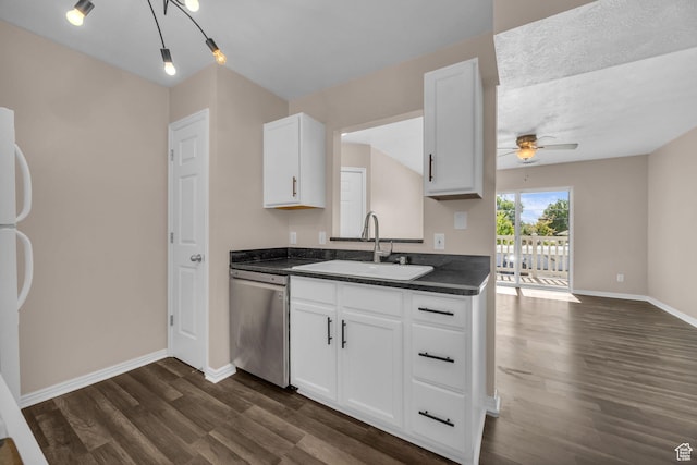 3860 S Mccall St Unit 2D, South Salt Lake, UT 84115 - kitchen featuring dishwasher, a ceiling fan, dark countertops, dark wood finished floors, and white cabinets