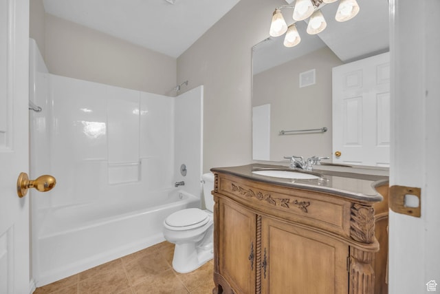 3860 S Mccall St Unit 2D, South Salt Lake, UT 84115 - bathroom featuring shower / bath combination, toilet, tile patterned floors, vanity, and an inviting chandelier