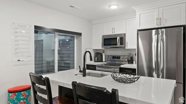 kitchen featuring decorative backsplash, visible vents, appliances with stainless steel finishes, white cabinetry, and a sink