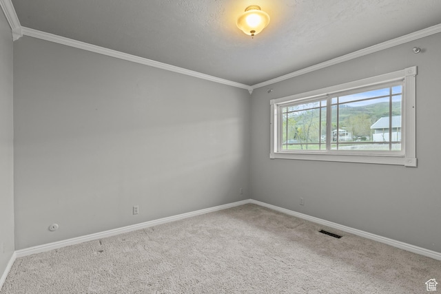 spare room with visible vents, ornamental molding, baseboards, and carpet flooring