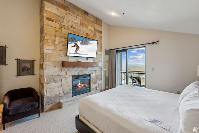 3855 Grand Summit Dr Unit 701Q3, Park City, UT 84098 - bedroom with a fireplace, access to exterior, carpet floors, and vaulted ceiling
