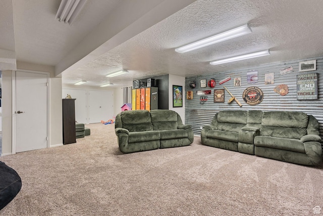 carpeted living area with a textured ceiling