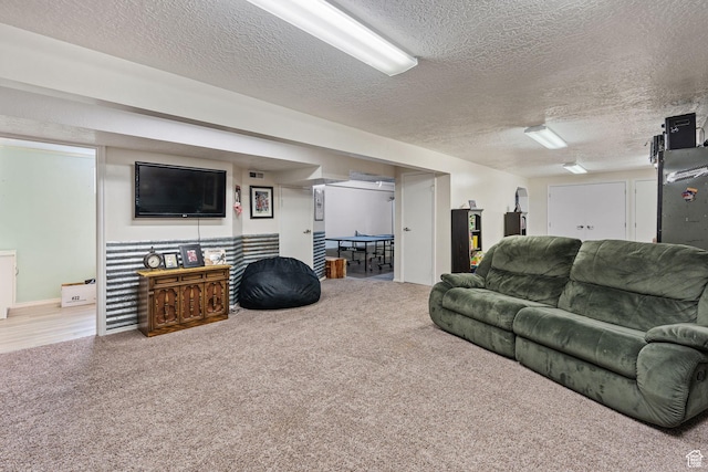 living room with carpet and a textured ceiling