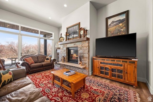 481 Thorn View Ct Unit 6, Kamas, UT 84036 - living area with recessed lighting, a stone fireplace, baseboards, and wood finished floors