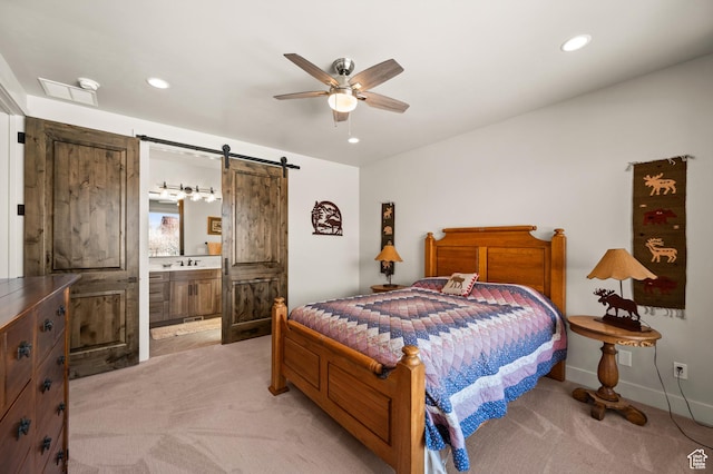 481 Thorn View Ct Unit 6, Kamas, UT 84036 - bedroom featuring light colored carpet, visible vents, a barn door, and recessed lighting