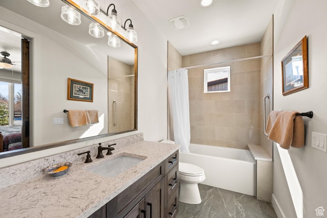 481 Thorn View Ct Unit 6, Kamas, UT 84036 - full bath featuring vanity, shower / tub combo with curtain, toilet, marble finish floor, and connected bathroom