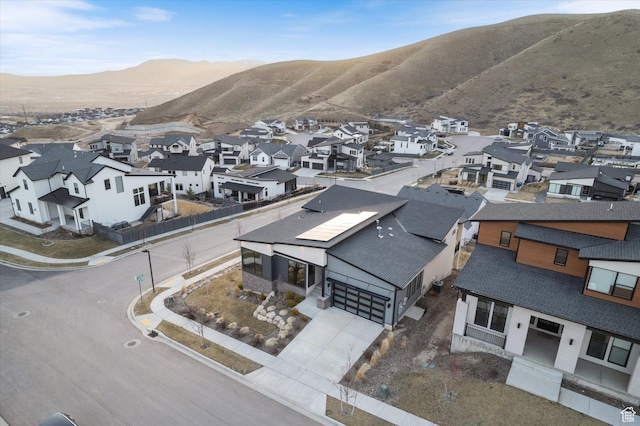 aerial view featuring a residential view and a mountain view
