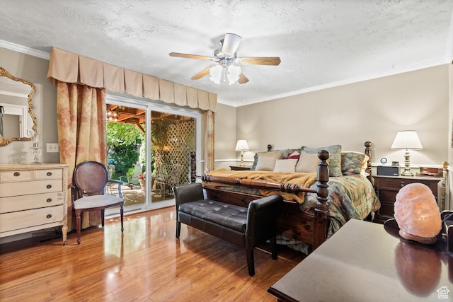 1376 Granada Dr, Bountiful, UT 84010 - bedroom with access to exterior, wood finished floors, ornamental molding, a textured ceiling, and ceiling fan
