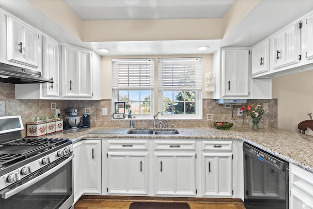 1376 Granada Dr, Bountiful, UT 84010 - kitchen featuring stainless steel gas range, dishwasher, ventilation hood, and white cabinetry