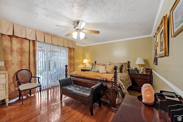 1376 Granada Dr, Bountiful, UT 84010 - bedroom with a textured ceiling, wood finished floors, ceiling fan, and crown molding