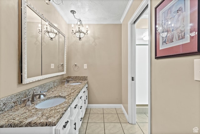 1376 Granada Dr, Bountiful, UT 84010 - full bathroom featuring crown molding, double vanity, a chandelier, tile patterned floors, and a textured ceiling