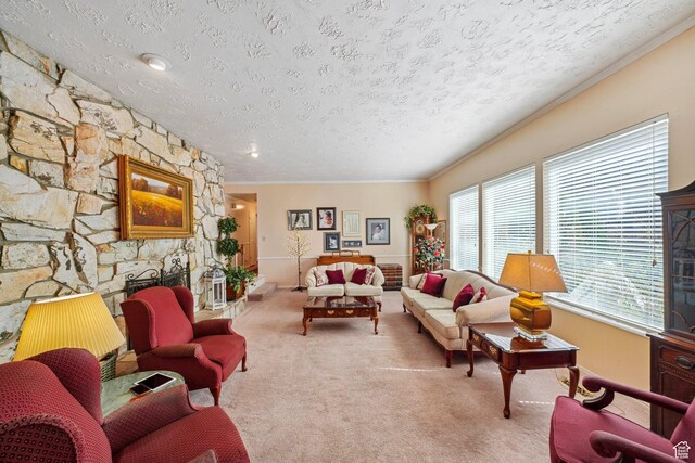 1376 Granada Dr, Bountiful, UT 84010 - living room featuring a fireplace, carpet, a textured ceiling, and crown molding