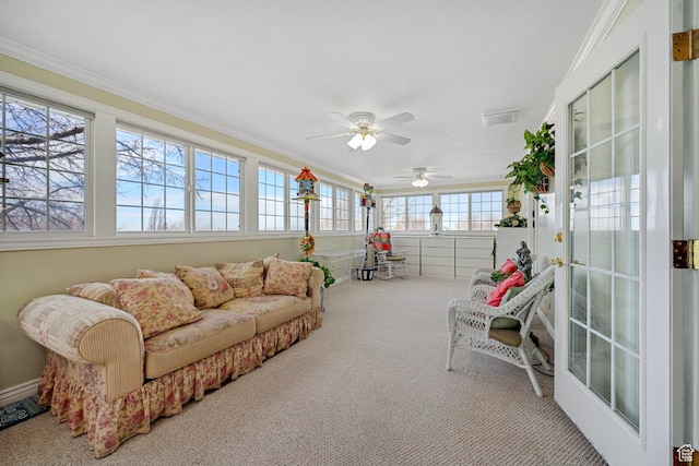 1376 Granada Dr, Bountiful, UT 84010 - sunroom / solarium featuring carpet floors, ornamental molding, visible vents, and a ceiling fan