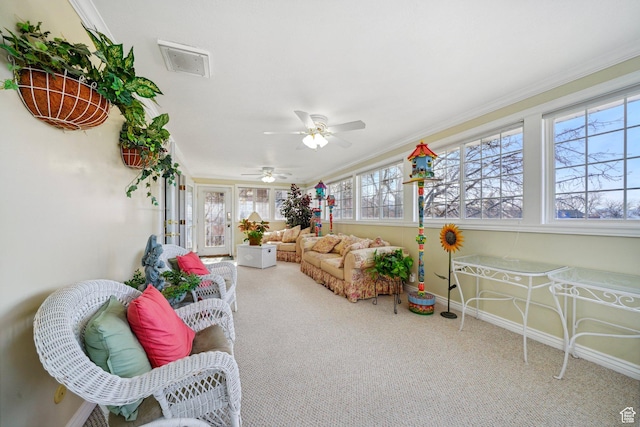 1376 Granada Dr, Bountiful, UT 84010 - sunroom / solarium with carpet flooring, visible vents, ornamental molding, and a ceiling fan