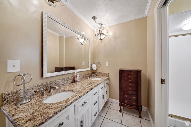 1376 Granada Dr, Bountiful, UT 84010 - full bath with a sink, a textured ceiling, tile patterned flooring, ornamental molding, and double vanity