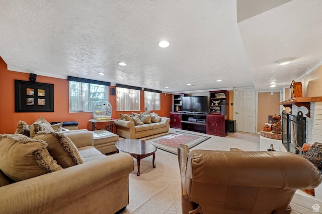 1376 Granada Dr, Bountiful, UT 84010 - living area featuring a fireplace, carpet floors, recessed lighting, and a textured ceiling