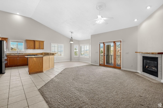 208 N Guidelight Dr, Cedar City, UT 84720 - kitchen featuring high vaulted ceiling, a sink, freestanding refrigerator, a ceiling fan, and open floor plan