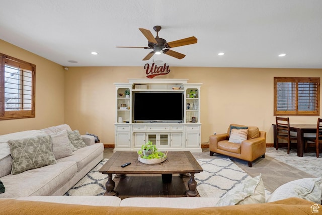 1603 E Millbrook Way, Bountiful, UT 84010 - living room with ceiling fan, recessed lighting, and light colored carpet