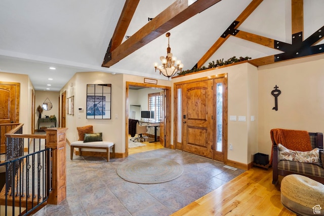 1603 E Millbrook Way, Bountiful, UT 84010 - entrance foyer with a chandelier, high vaulted ceiling, and beam ceiling