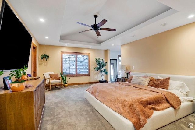 1603 E Millbrook Way, Bountiful, UT 84010 - bedroom featuring light colored carpet, recessed lighting, a raised ceiling, and a ceiling fan