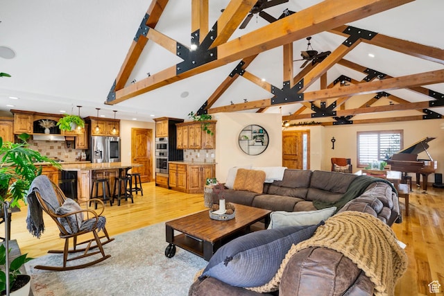1603 E Millbrook Way, Bountiful, UT 84010 - living room featuring high vaulted ceiling, light wood-style floors, beamed ceiling, ceiling fan, and recessed lighting