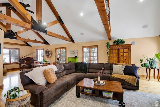 1603 E Millbrook Way, Bountiful, UT 84010 - living area with wood finished floors, beamed ceiling, recessed lighting, high vaulted ceiling, and ceiling fan