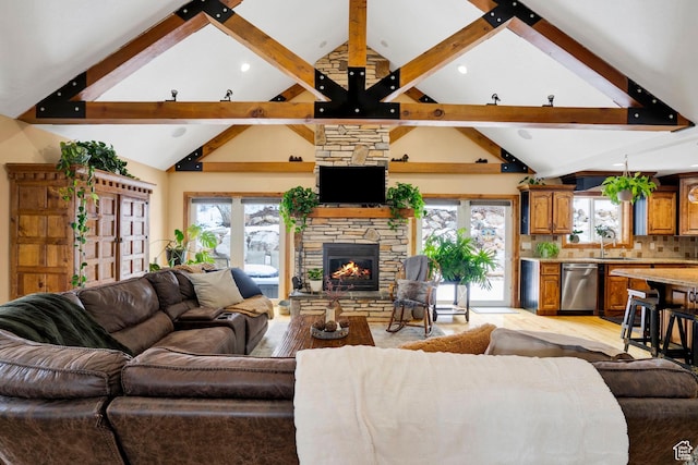 1603 E Millbrook Way, Bountiful, UT 84010 - living room featuring healthy amount of natural light, beamed ceiling, a fireplace, recessed lighting, and high vaulted ceiling