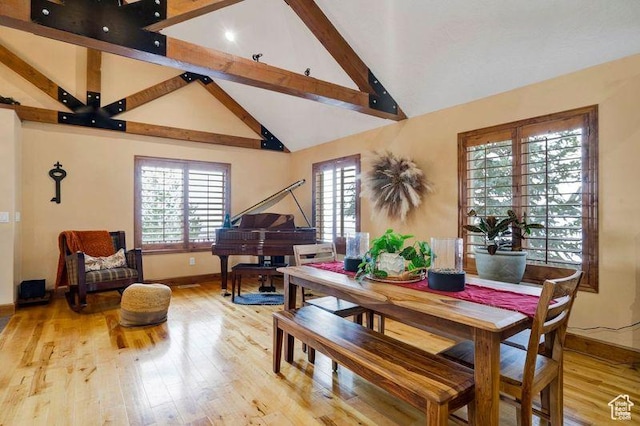1603 E Millbrook Way, Bountiful, UT 84010 - dining area featuring beamed ceiling, healthy amount of natural light, wood finished floors, and high vaulted ceiling