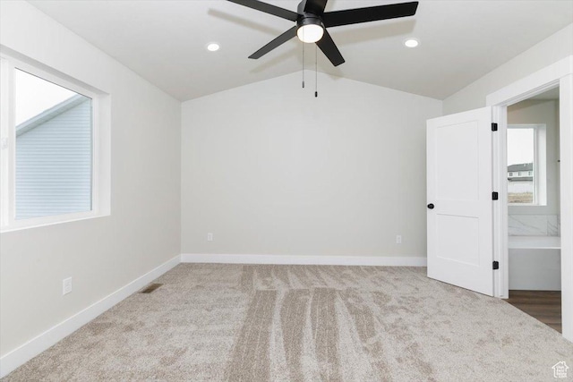 174 N 300 W, Preston, ID 83263 - unfurnished room with baseboards, carpet flooring, ceiling fan, and vaulted ceiling