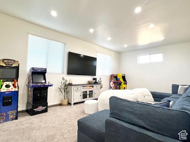 650 Blue Sage Dr, Fish Haven, ID 83287 - carpeted living room featuring baseboards and recessed lighting