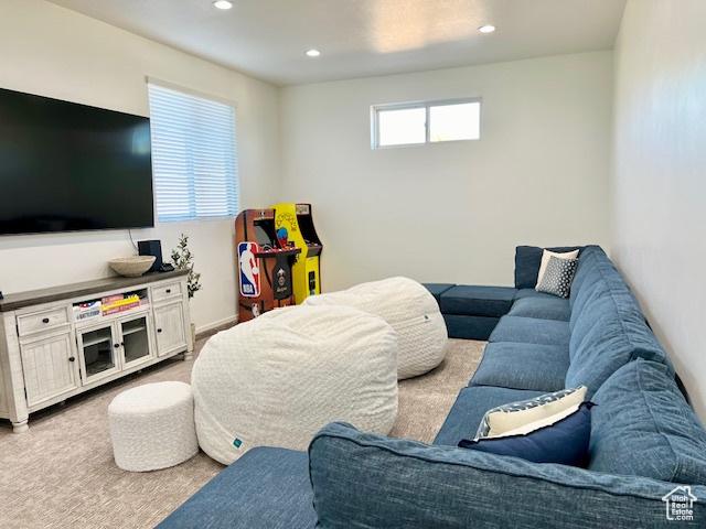 650 Blue Sage Dr, Fish Haven, ID 83287 - carpeted living area with recessed lighting