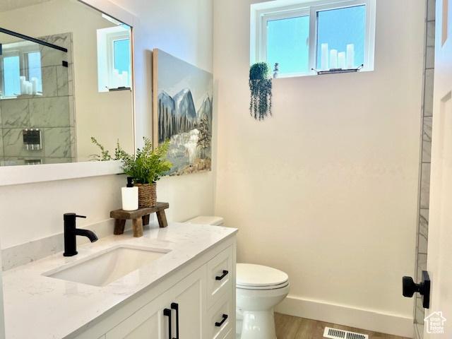 650 Blue Sage Dr, Fish Haven, ID 83287 - bathroom featuring visible vents, a shower stall, baseboards, toilet, and vanity