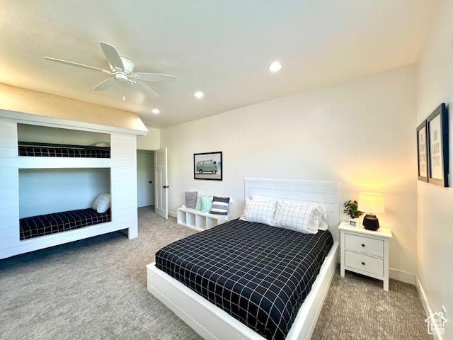 650 Blue Sage Dr, Fish Haven, ID 83287 - carpeted bedroom featuring baseboards, ceiling fan, and recessed lighting