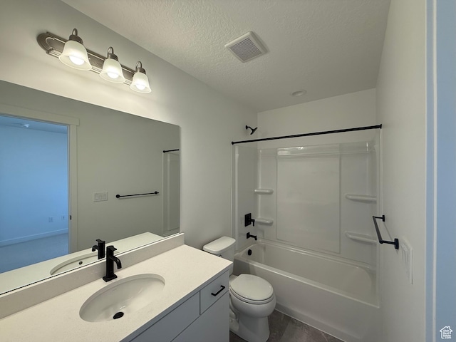 full bath with visible vents, toilet, a textured ceiling, bathtub / shower combination, and vanity