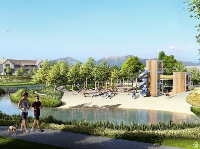 view of home's community with a water and mountain view