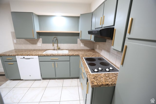 kitchen with gray cabinets, a sink, open shelves, exhaust hood, and white appliances