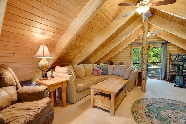 4547 Fawn Way Unit 2050, Heber City, UT 84032 - living room featuring wooden ceiling, log walls, ceiling fan, and vaulted ceiling with beams