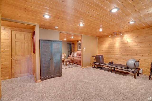 4547 Fawn Way Unit 2050, Heber City, UT 84032 - workout area with carpet floors, wood walls, wood ceiling, and recessed lighting