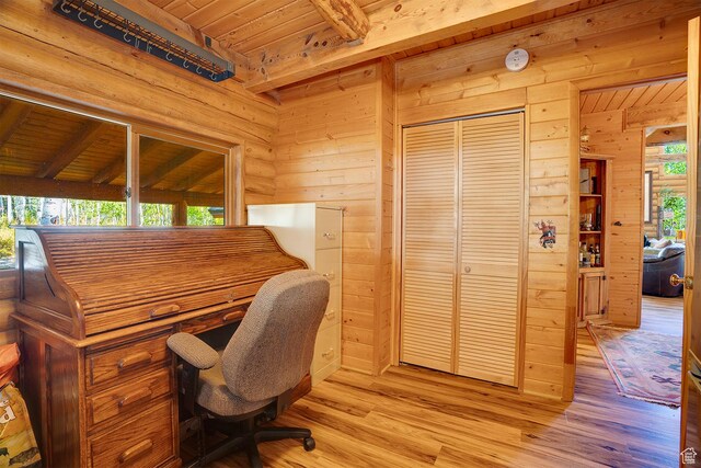 4547 Fawn Way Unit 2050, Heber City, UT 84032 - home office with wood walls, light wood-style floors, wooden ceiling, and beam ceiling