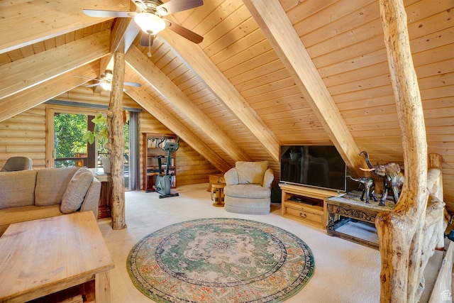 4547 Fawn Way Unit 2050, Heber City, UT 84032 - interior space with vaulted ceiling with beams, log walls, ceiling fan, and wooden ceiling
